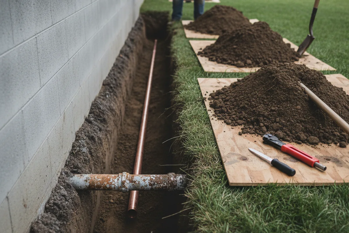 Excavated water line trench during Water Softener Installation in Gaston